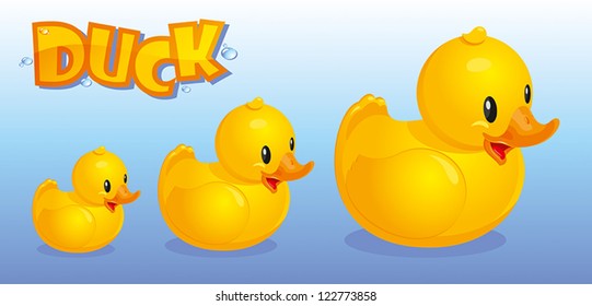 Yellow ducks on a background of blue water