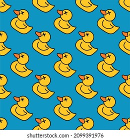 Patos amarillos en un fondo azul. Patrón sin foco. Ilustración vectorial, dibujada a mano, caricatura. Plantilla para tela, revista, libro, revista y otros productos impresos.