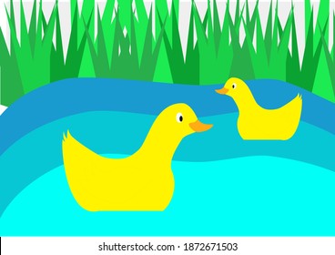 Yellow ducks on blue pond with reeds in the background. Waterfowl. The pond. Weed. Vector. Children's illustration, drawing.