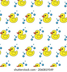 Patos amarillos y burbujas de jabón sobre fondo blanco. Patrón sin foco. Vector.