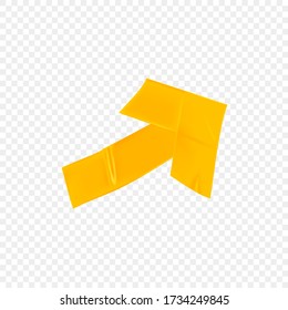 Yellow duct repair tape arrow isolated on transparent background. Realistic yellow adhesive tape piece for fixing. Adhesive arrow paper glued. Realistic 3d vector illustration