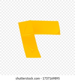 Yellow duct repair tape corner isolated on transparent background. Realistic yellow adhesive tape piece for fixing. Adhesive corner paper glued. Realistic 3d vector illustration