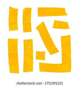 Yellow duct tape set. Realistic yellow adhesive tape pieces for fixing isolated on white background. Adhesive corner and paper glued. Realistic 3d vector illustration.
