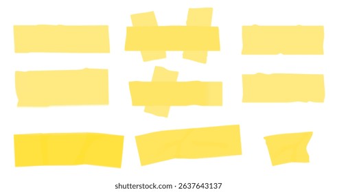 Yellow duct tape set. Realistic yellow adhesive tape pieces for fixing isolated on white background. Paper glued. Realistic 3d vector illustration, yellow adhesive stripes attached with wrinkles.