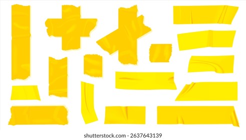 Yellow duct tape set. Realistic yellow adhesive tape pieces for fixing isolated on white background. Paper glued. Realistic 3d vector illustration, yellow adhesive stripes attached with wrinkles.