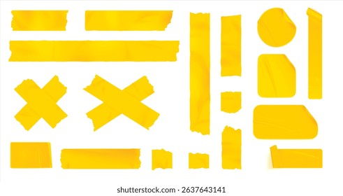 Yellow duct tape set. Realistic yellow adhesive tape pieces for fixing isolated on white background. Paper glued. Realistic 3d vector illustration, yellow adhesive stripes attached with wrinkles.
