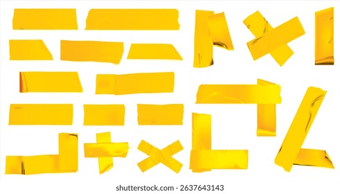 Yellow duct tape set. Realistic yellow adhesive tape pieces for fixing isolated on white background. Paper glued. Realistic 3d vector illustration, yellow adhesive stripes attached with wrinkles.