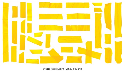 Yellow duct tape set. Realistic yellow adhesive tape pieces for fixing isolated on white background. Paper glued. Realistic 3d vector illustration, yellow adhesive stripes attached with wrinkles.