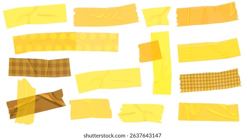 Yellow duct tape set. Realistic yellow adhesive tape pieces for fixing isolated on white background. Paper glued. Realistic 3d vector illustration, yellow adhesive stripes attached with wrinkles.