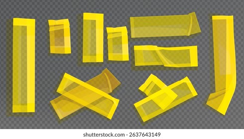 Yellow duct tape set. Realistic yellow adhesive tape pieces for fixing isolated on white background. Paper glued. Realistic 3d vector illustration, yellow adhesive stripes attached with wrinkles.