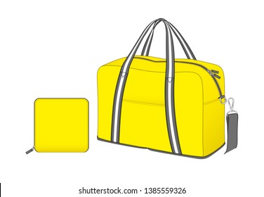 Yellow Duffle Bag With Removable Shoulder Strap, Sports Gym Bag With Stripe Handle And Front Pocket, Spare Bag, Vector Illustration Sketch Template Isolated On White Background