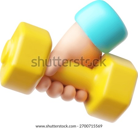 Yellow dumbbell in hand 3D cartoon plastic style icon. Fitness dumbbell arm lift. Sport equipment weights exercises. Vector render illustration isolated. Athletic workout tool for strength training