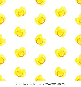 Yellow dummies vector seamless pattern. Front view pacifiers. Background, print, packaging design