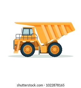 Yellow dump truck with big empty body and small cabin
