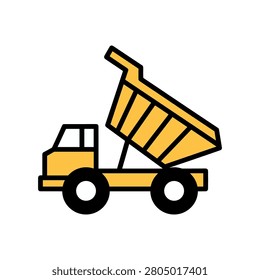 Yellow dump truck construction vehicle icon with construction transport logistics industrial machinery transportati