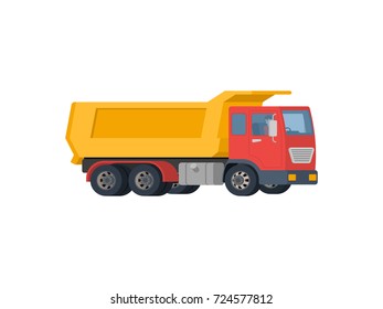 Yellow dump truck with red cabin isolated on white background