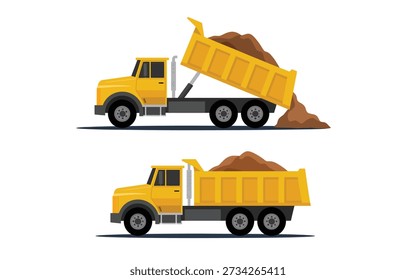 Yellow dump trucks dumping dirt the other loaded with dirt