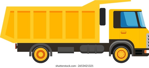Yellow dumper truck transporting sand and gravel on a construction site, showcasing industrial machinery for material transport in civil engineering and mining