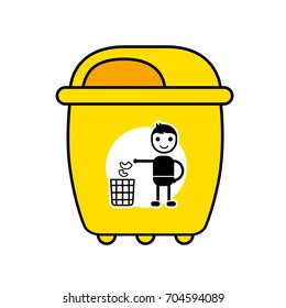 Yellow dumpster isolated. Man throwing garbage in a trash bin, vector sign. 