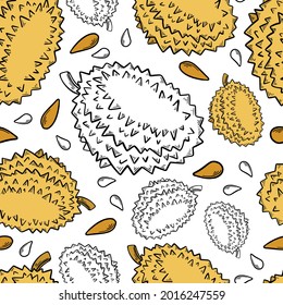 Yellow durian hand drawn seamless pattern in color and black outlines on white background for textile, print, background, highlights. Vector illustration
