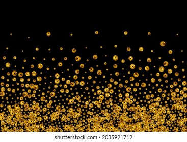 Yellow Dust Art Vector Black Background. Shiny Dot Invitation. Gold Sparkle Transparent Pattern. Glow Anniversary Card.