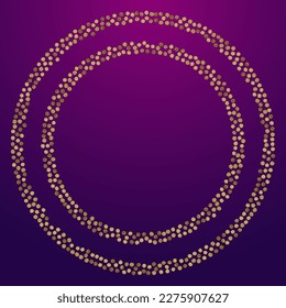 Yellow Dust Art Vector Purple Background. Anniversary Circle Pattern. Golden Sequin Bridal Postcard. Round Christmas Card.