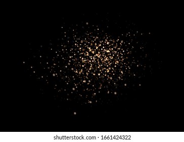 Yellow dust. Beautiful light flashes. Dust particles fly in space. Bokeh effect. Horizontal light rays. Glowing streaks of dust on a dark background.