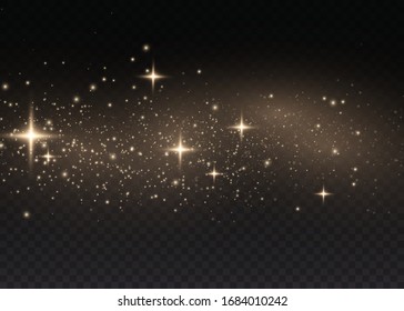 Yellow dust. Beautiful light flashes. Dust particles fly in space. Bokeh effect. Horizontal light rays. Glowing streaks of dust on a dark background