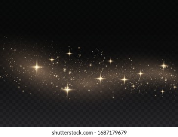 Polvo amarillo. La luz hermosa brilla. Las partículas de polvo vuelan en el espacio. Efecto Bokeh. Rayos horizontales de luz. Rasgos brillantes de polvo en un fondo oscuro