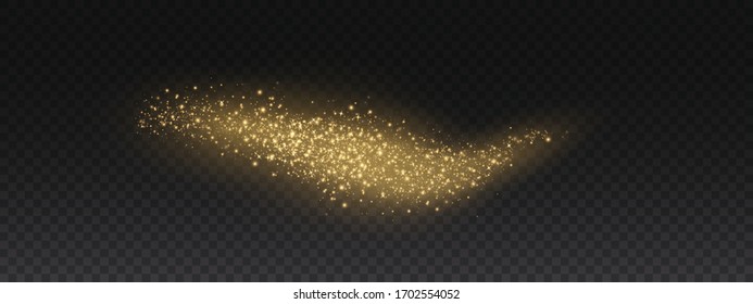 Yellow dust. Beautiful light flashes. Dust particles fly in space. Bokeh effect. Horizontal light rays. Glowing streaks of dust on a dark background