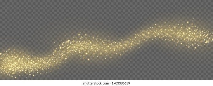 Yellow dust. Beautiful light flashes. Dust particles fly in space. Bokeh effect. Horizontal light rays. Glowing streaks of dust on a dark background
