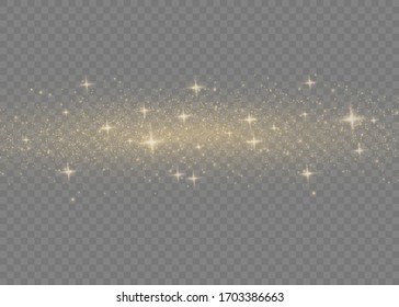 Yellow dust. Beautiful light flashes. Dust particles fly in space. Bokeh effect. Horizontal light rays. Glowing streaks of dust on a dark background