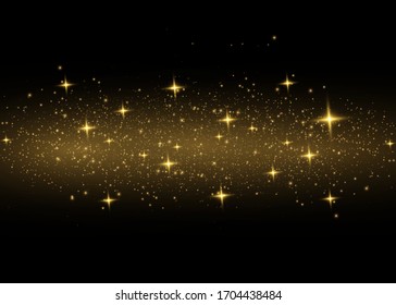 Yellow dust. Beautiful light flashes. Dust particles fly in space. Bokeh effect. Horizontal light rays. Glowing streaks of dust on a dark background
