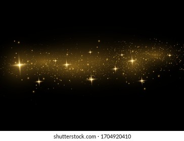 Yellow dust. Beautiful light flashes. Dust particles fly in space. Bokeh effect. Horizontal light rays. Glowing streaks of dust on a dark background