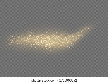 Yellow dust. Beautiful light flashes. Dust particles fly in space. Bokeh effect. Horizontal light rays. Glowing streaks of dust on a dark background