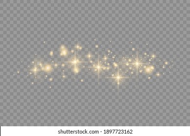 Yellow dust. Beautiful light flashes. Dust particles fly in space. Bokeh effect. Horizontal light rays. Glowing streaks of dust on a dark background