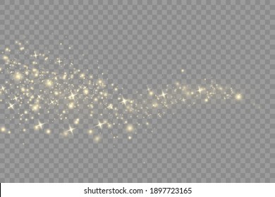 Yellow dust. Beautiful light flashes. Dust particles fly in space. Bokeh effect. Horizontal light rays. Glowing streaks of dust on a dark background