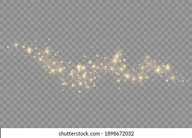 Yellow dust. Beautiful light flashes. Dust particles fly in space. Bokeh effect. Horizontal light rays. Glowing streaks of dust on a dark background