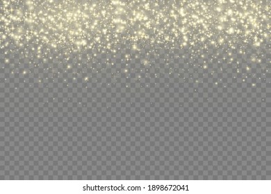 Yellow dust. Beautiful light flashes. Dust particles fly in space. Bokeh effect. Horizontal light rays. Glowing streaks of dust on a dark background