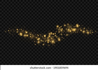 Yellow dust. Beautiful light flashes. Dust particles fly in space. Bokeh effect. Horizontal light rays. Glowing streaks of dust on a dark background