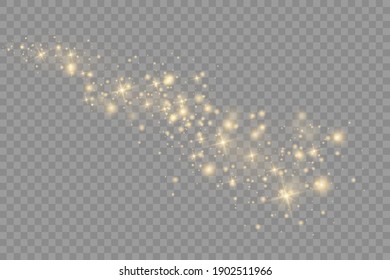 Yellow dust. Beautiful light flashes. Dust particles fly in space. Bokeh effect. Horizontal light rays. Glowing streaks of dust on a dark background