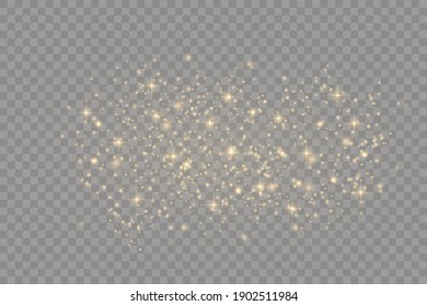 Yellow dust. Beautiful light flashes. Dust particles fly in space. Bokeh effect. Horizontal light rays. Glowing streaks of dust on a dark background