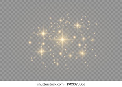Yellow dust. Beautiful light flashes. Dust particles fly in space. Bokeh effect. Horizontal light rays. Glowing streaks of dust on a dark background
