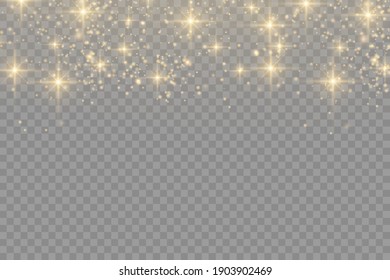 Yellow dust. Beautiful light flashes. Dust particles fly in space. Bokeh effect. Horizontal light rays. Glowing streaks of dust on a dark background