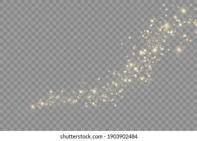 Yellow dust. Beautiful light flashes. Dust particles fly in space. Bokeh effect. Horizontal light rays. Glowing streaks of dust on a dark background