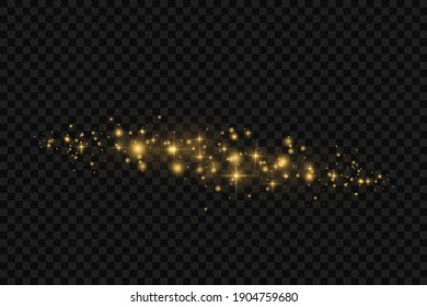 Yellow dust. Beautiful light flashes. Dust particles fly in space. Bokeh effect. Horizontal light rays. Glowing streaks of dust on a dark background