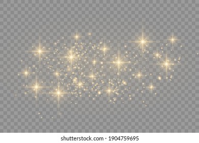 Yellow dust. Beautiful light flashes. Dust particles fly in space. Bokeh effect. Horizontal light rays. Glowing streaks of dust on a dark background