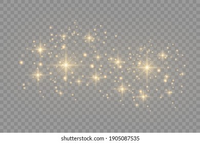 Yellow dust. Beautiful light flashes. Dust particles fly in space. Bokeh effect. Horizontal light rays. Glowing streaks of dust on a dark background