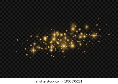 Yellow dust. Beautiful light flashes. Dust particles fly in space. Bokeh effect. Horizontal light rays. Glowing streaks of dust on a dark background