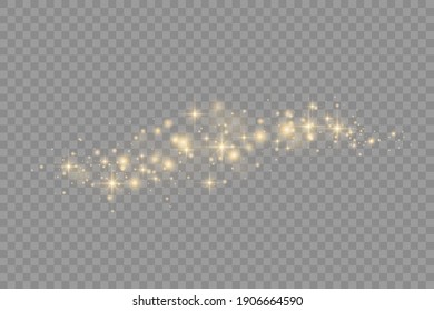 Polvo amarillo. Se enciende una luz preciosa. Las partículas de polvo vuelan en el espacio. Efecto Bokeh. Rayos horizontales de luz. Rasgos brillantes de polvo sobre un fondo oscuro
